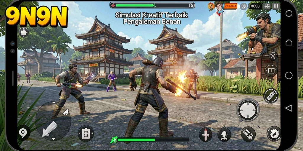 Screenshot gameplay <strong>9N9N</strong> menampilkan kota yang dibangun dengan indah dan interaksi pemain.