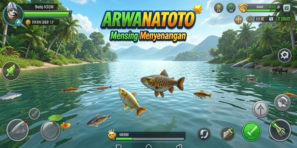 Screenshot utama ARWANATOTO menampilkan pemain memancing di lokasi alami.