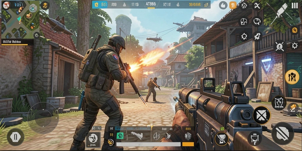 Tangkapan layar gameplay AT866 yang menampilkan aksi seru dalam pertarungan TPS.