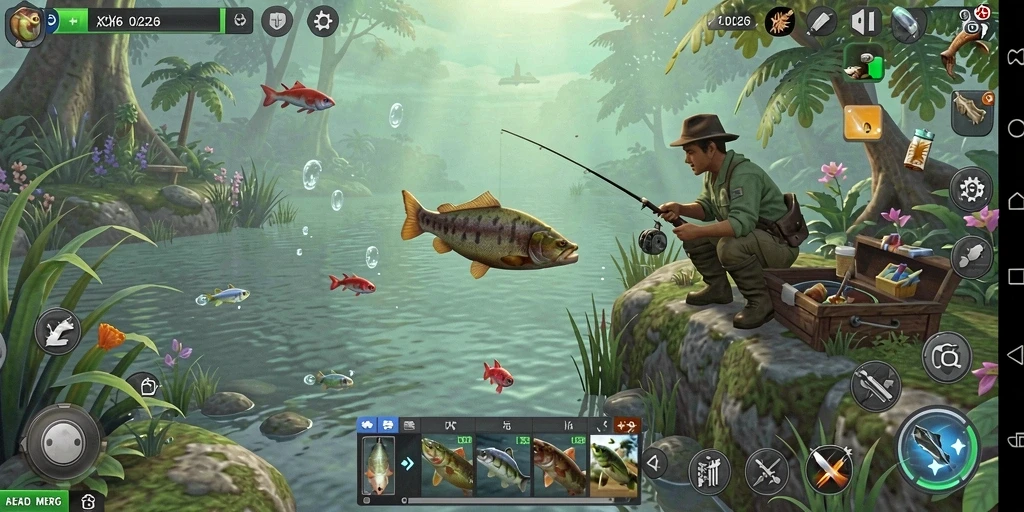 Screenshot menunjukkan pemain sedang memancing di danau biru yang menawan.