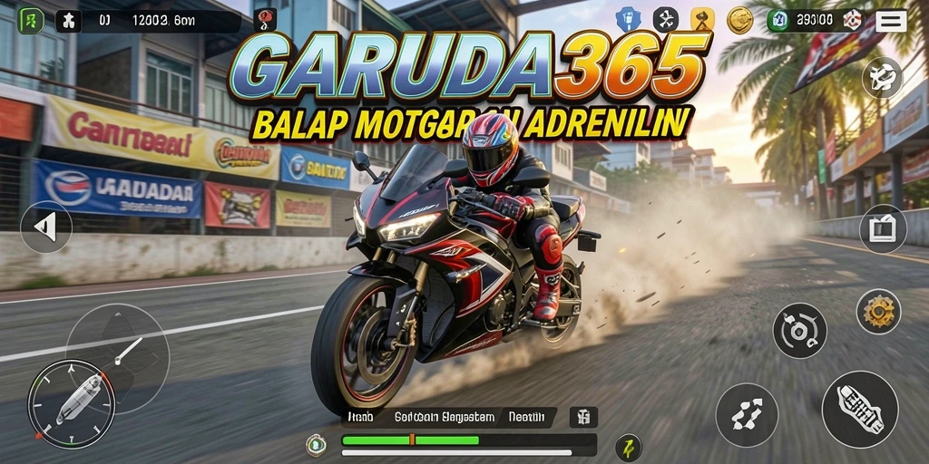 Screenshot utama GARUDA365 menampilkan aksi balap motor yang mendebarkan.