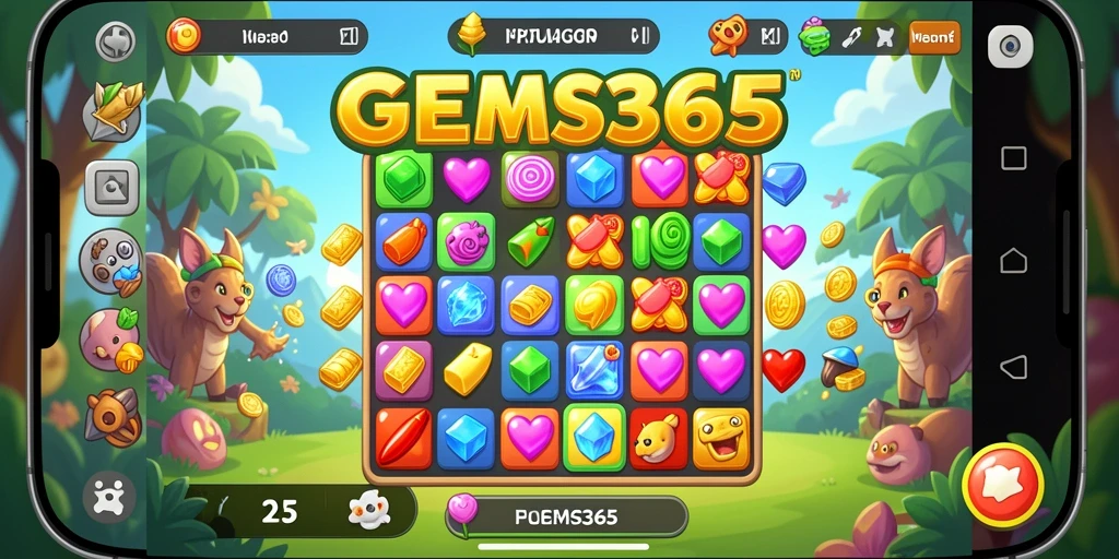 Tampilan gameplay Match-3 yang penuh warna dan mendebarkan di GEMS365.