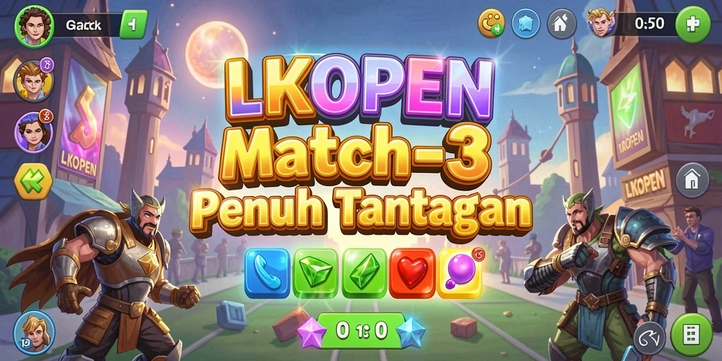 Screenshot LKOPEN memperlihatkan gameplay Match-3 yang seru dan dinamis.