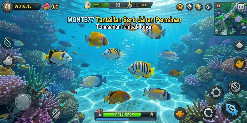 Screenshot gameplay MONTE77 dengan aksi menembak ikan yang seru.