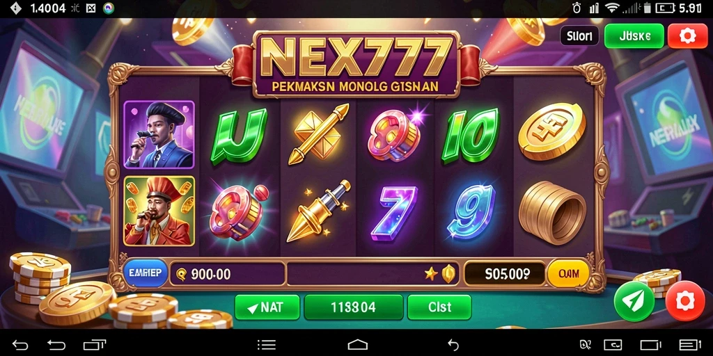 Tampilan permainan NEX777 dengan efek animasi slot yang menarik.