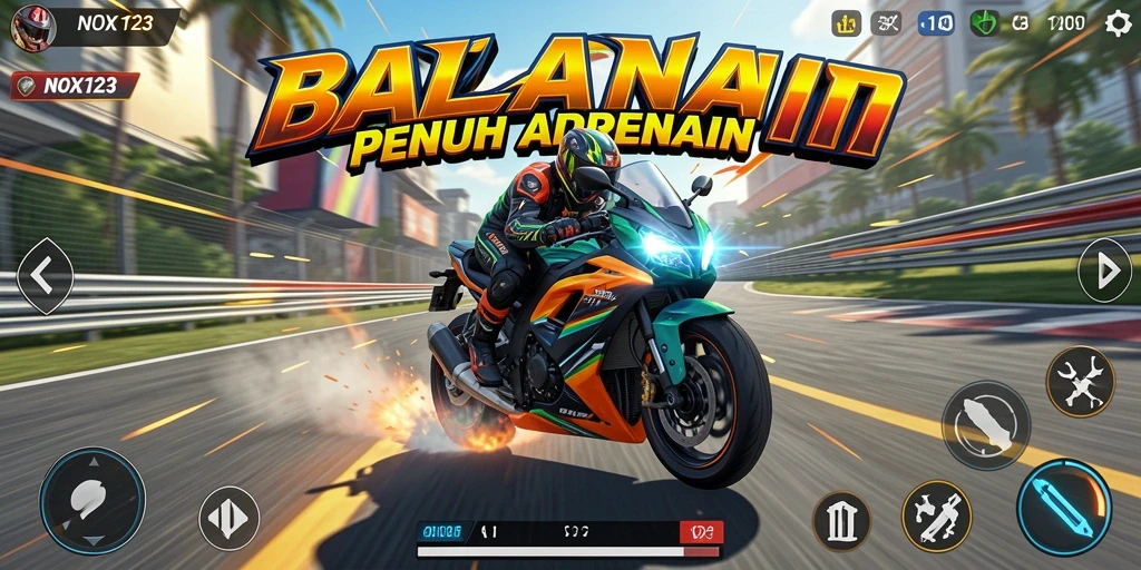 Tampilan gameplay seru balapan motor di NOX123.