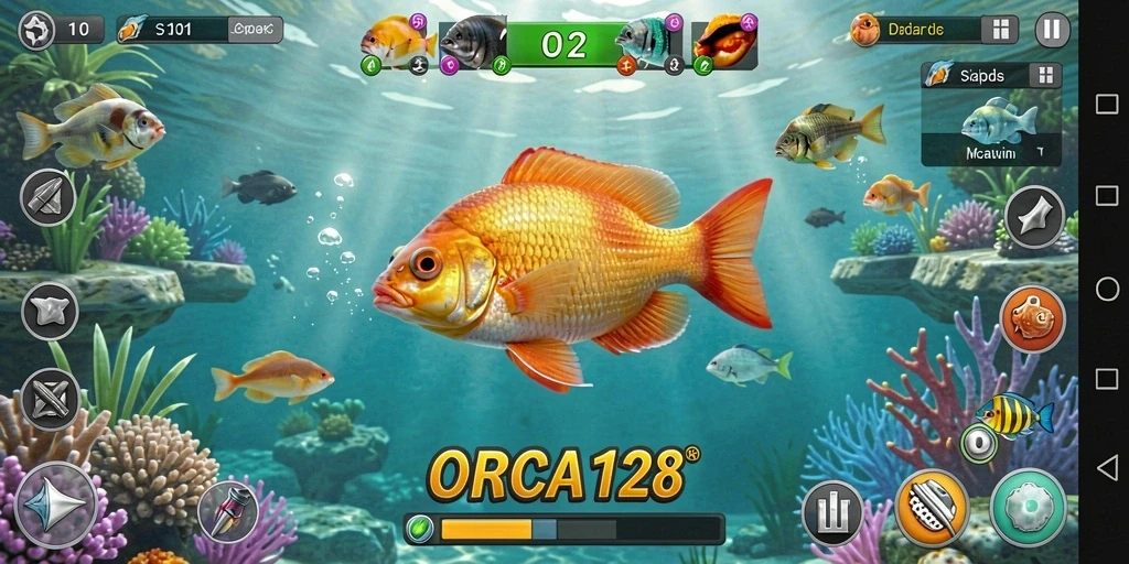 Tampilan menarik gameplay memancing di ORCA128 dengan ikan beragam.