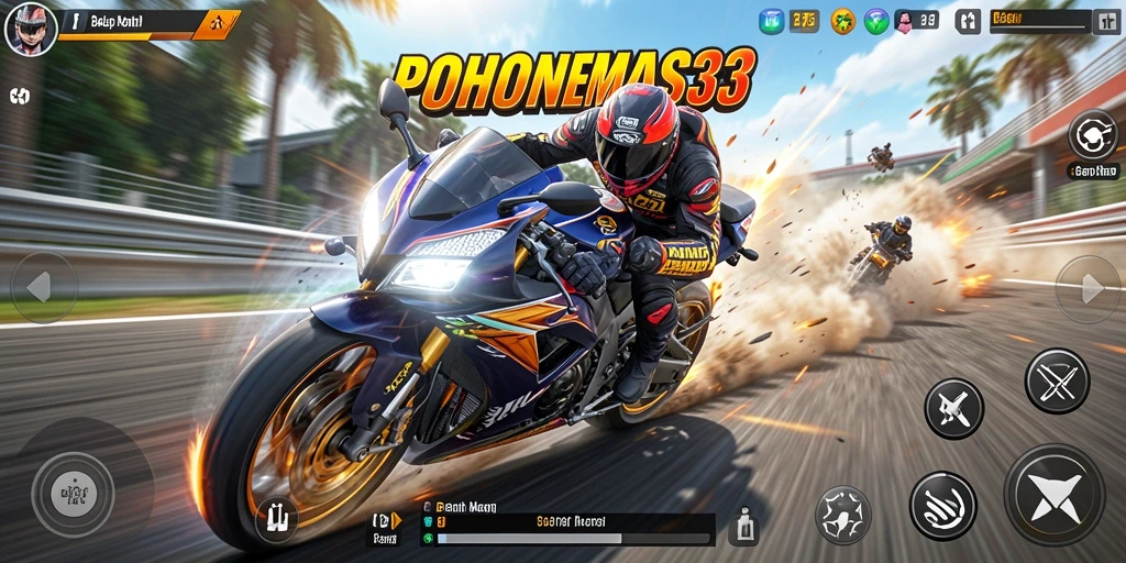 Screenshot gameplay POHONEMAS33 menunjukkan aksi balap motor yang mendebarkan.