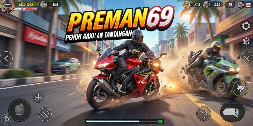 Gameplay mendebarkan dari balapan motor di PREMAN69.