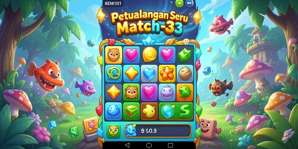 Tampilan gameplay seru dalam REMI101 dengan elemen match-3 yang menantang.