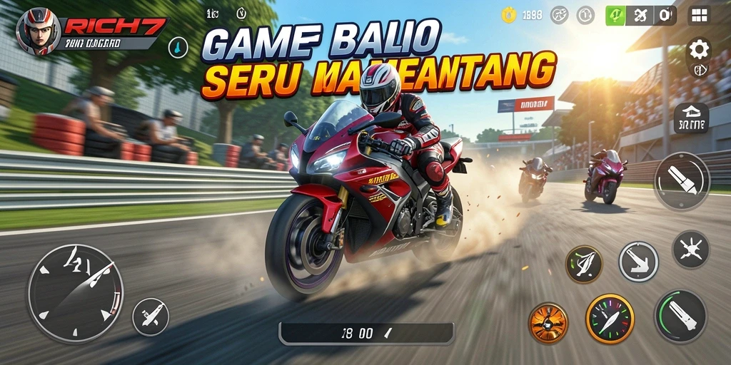 Tampilan aksi seru balap motor dalam RICH7 yang mengesankan.