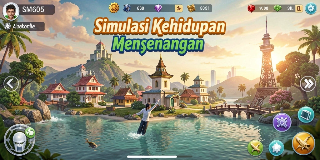 Tampilan gameplay <strong>SM605</strong> menunjukkan kehidupan virtual yang realistis dan dinamis.