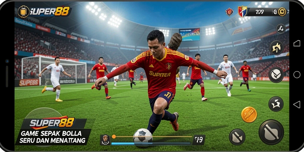 Tampilan gameplay SERU di lapangan hijau dengan pemain nyata.