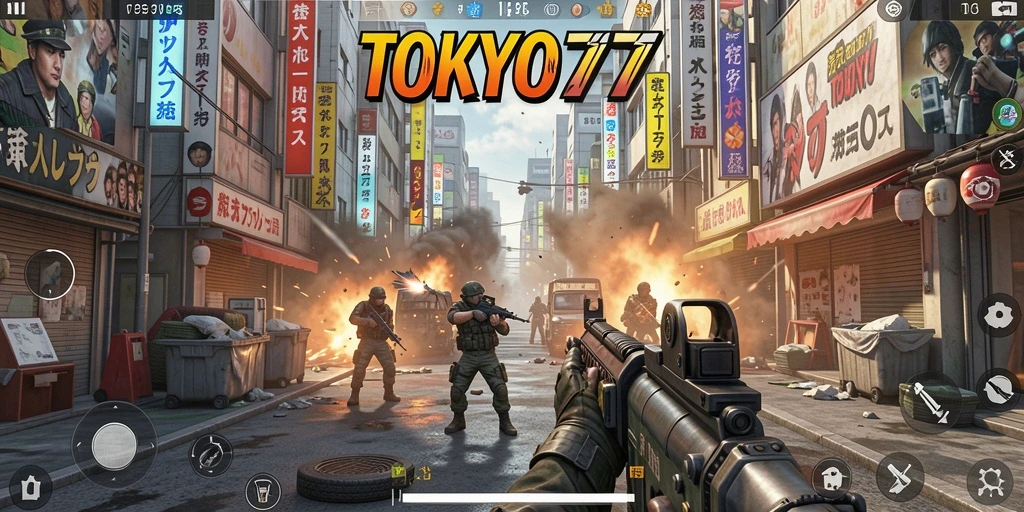 Tampilan seru gameplay TOKYO77 dalam pertempuran FPS.