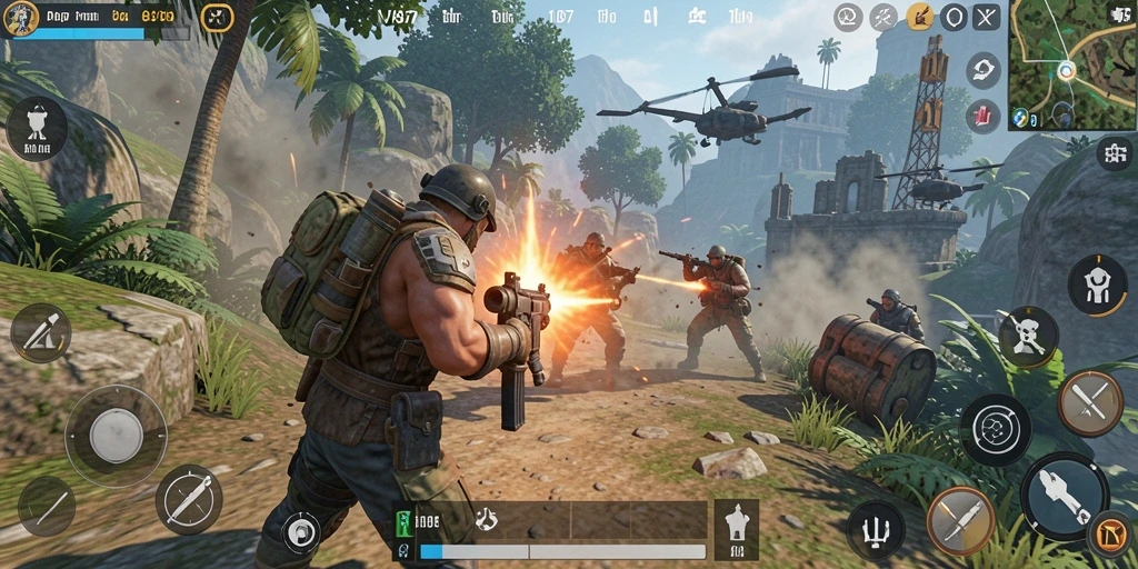 Screenshot V87 menampilkan aksi intens dalam gameplay TPS.