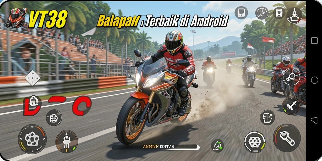 Tampilan gameplay VT38 dengan aksi balapan motor yang seru.